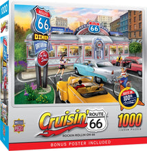 Load image into Gallery viewer, Cruisin' Route 66 - Rockin' Rollin' on 66 (1000 Piece Jigsaw Puzzle) Bonus Poster