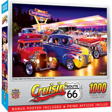 Load image into Gallery viewer, Cruisin' Route 66 - Friday Night Hot Rods (1000 Piece Jigsaw Puzzle) Bonus Poster