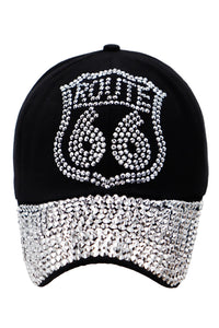 Route 66 Logo Black Bling Rhinestone Cotton Baseball Cap